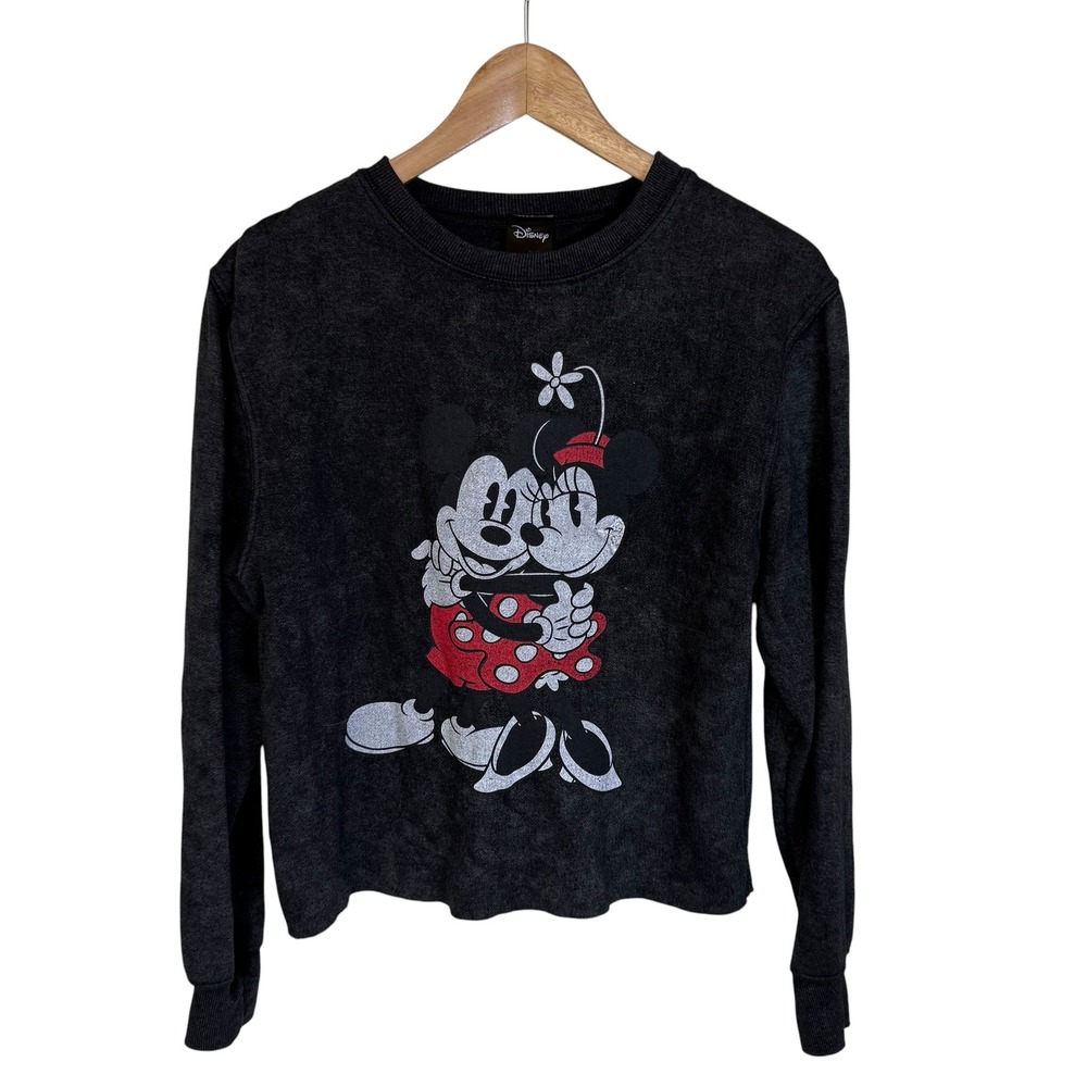 Disney Mickey Minnie Mouse Sweatshirt Women Small Grey Good Cropped Raw Hem
